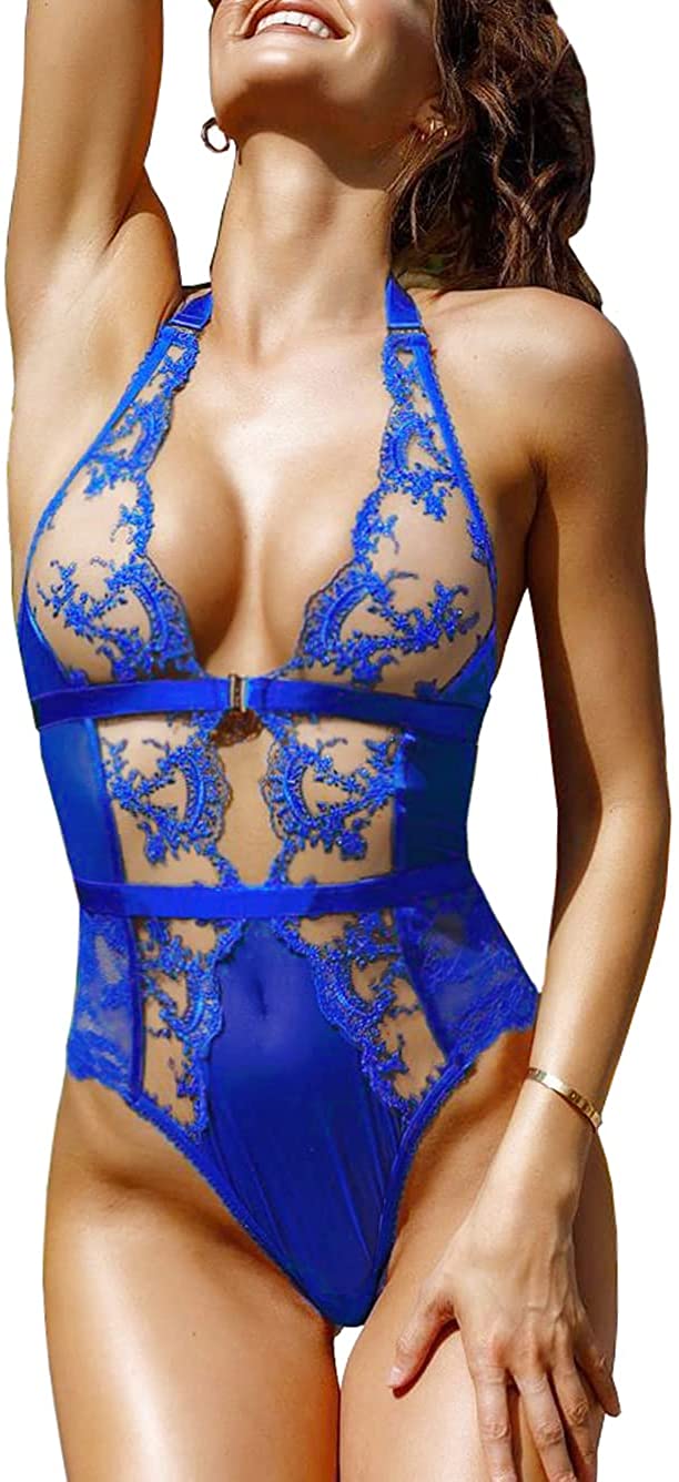 Price:$18.99 Floral Embroidered Mesh Sheer,Plunge Halter,G-String,Teddy Lingerie: Clothing, Shoes & Jewelry