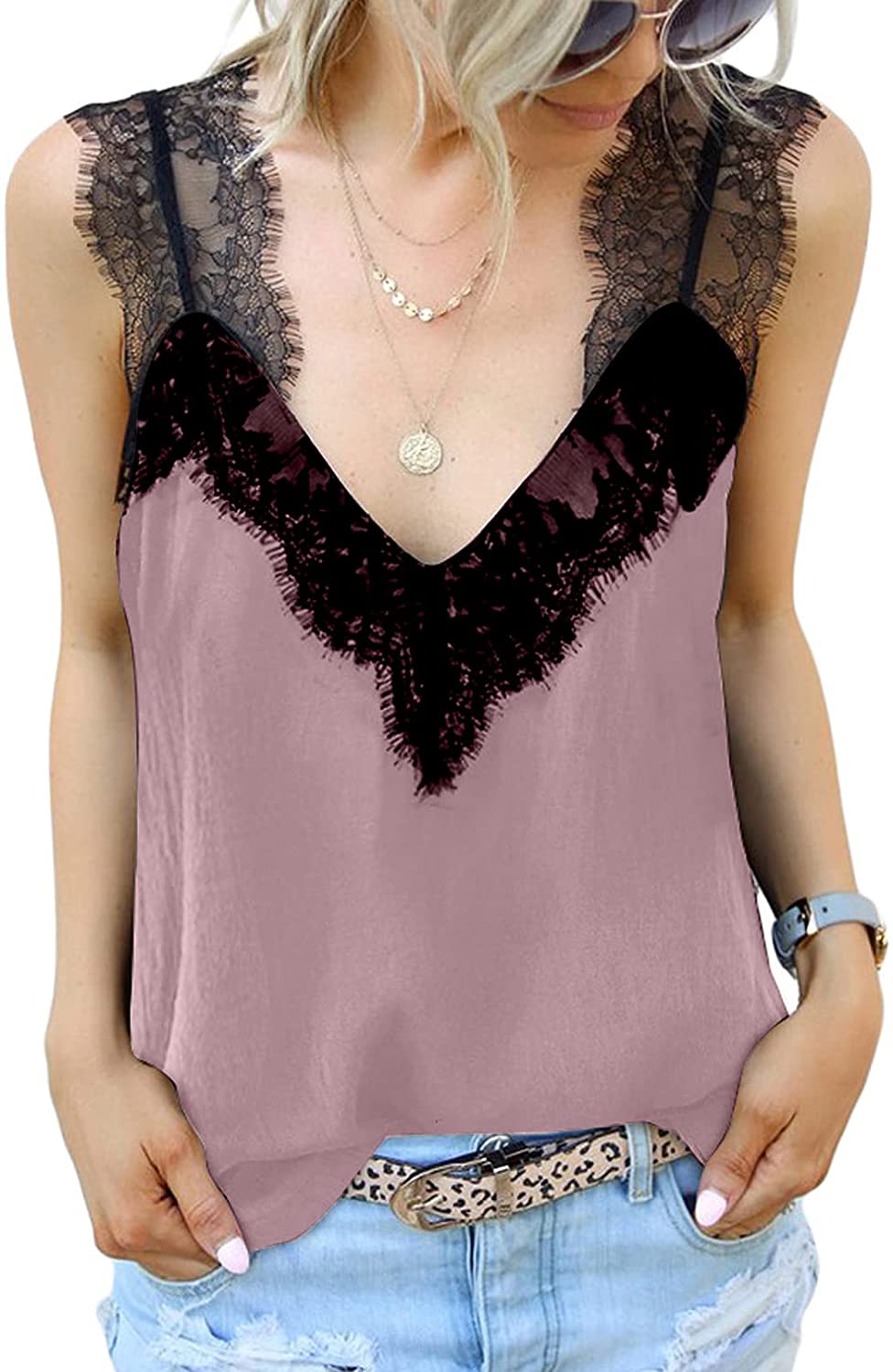 Price:$11.19 Womens V Neck Lace Strappy Cami Shirts Casual Loose Fitting Tank Tops at Amazon Women’s Clothing store