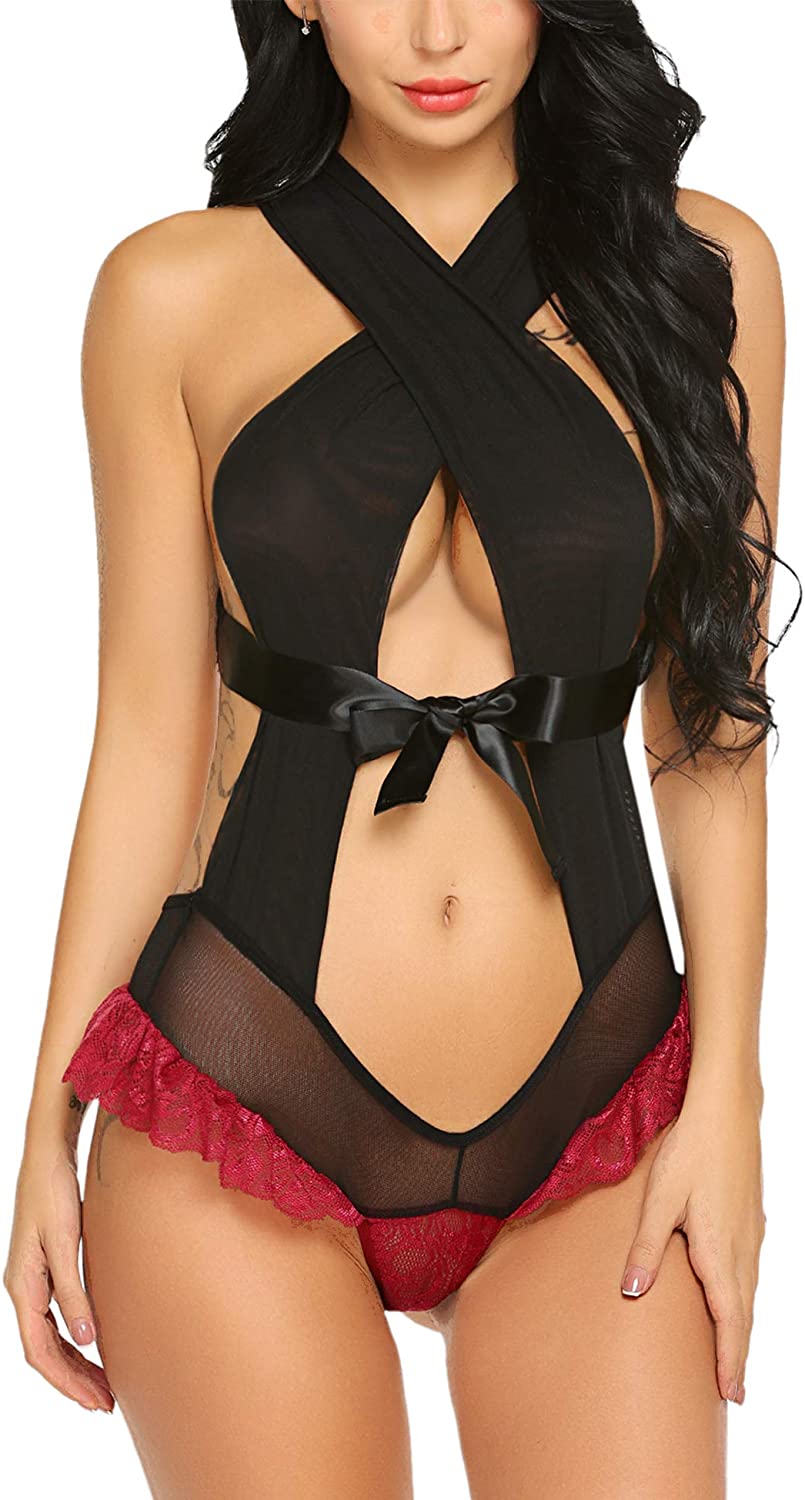 Price:$14.99 for Women Sexy Lace Bodysuit One Piece Babydoll Mesh Sleepwear Boudoir Outfits at Amazon Women’s Clothing store