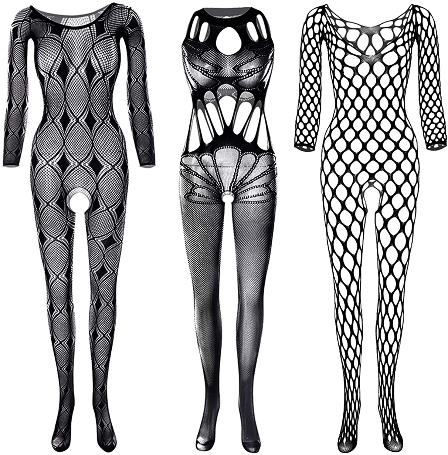 Price:$15.99 3 Pack Fishnet Bodystocking Crotchless Tights Catsuit Bodysuit High Stockings Sexy Lingerie with Suspender Belt Black: Clothing, Shoes & Jewelry