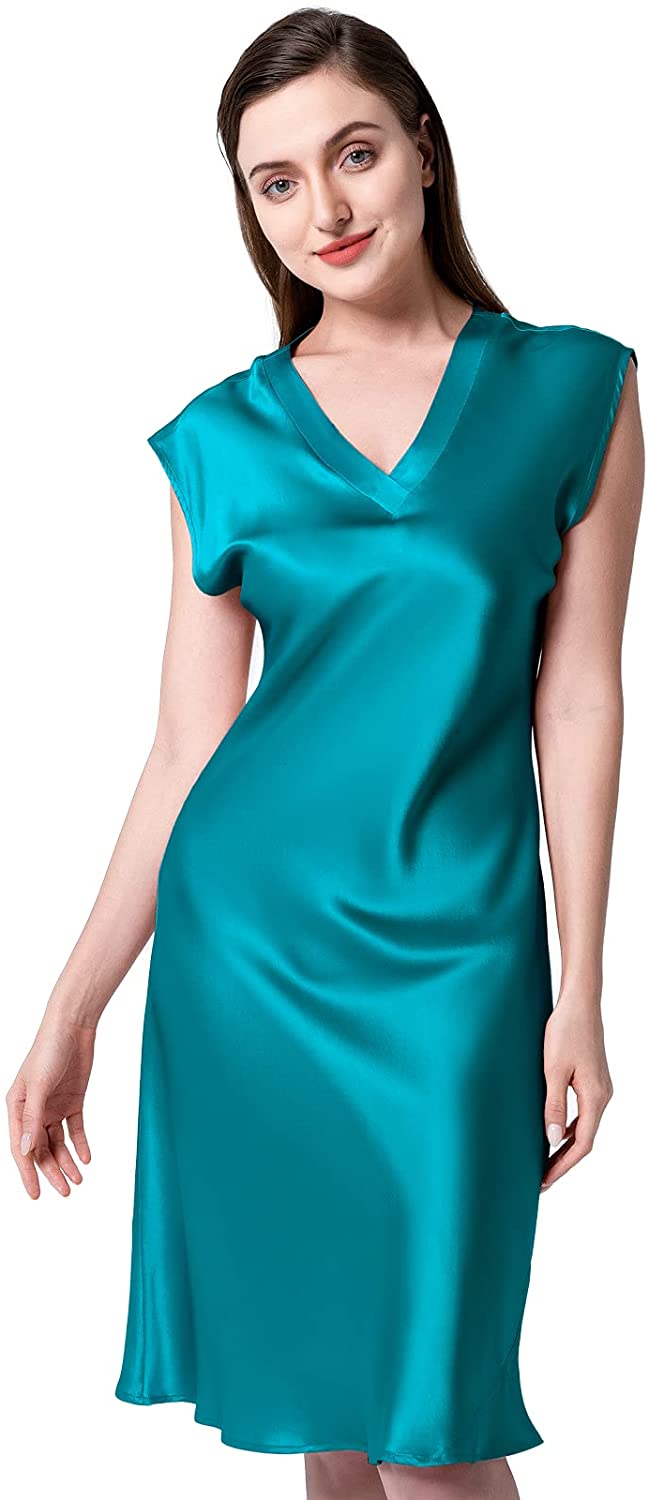 Price:$114.99 Silk Nightdress, Long V Neck 22 Momme Mulberry Silk Nightdress Short Sexy Chemise Sleepwear Slip Nightgown Dark Cyan at Amazon Women’s Clothing store