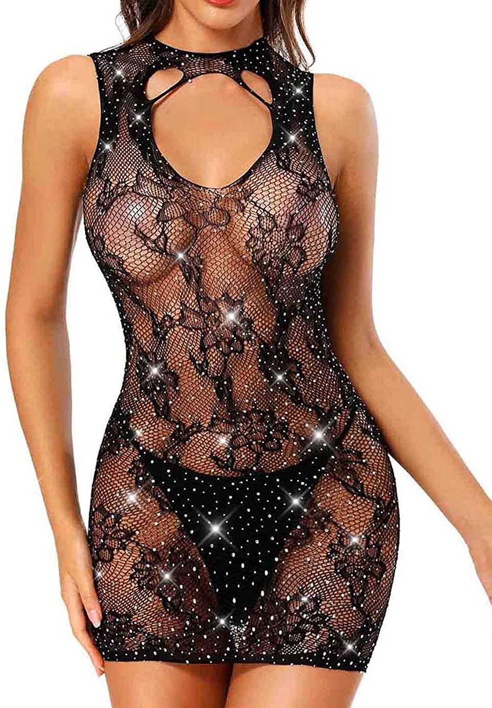 Price:$16.99 Women's Fishnet Lingerie Sparkly Rhinestone Bodysuit Mesh Teddy Lingerie Chemise Babydoll Outfit Black at Amazon Women’s Clothing store