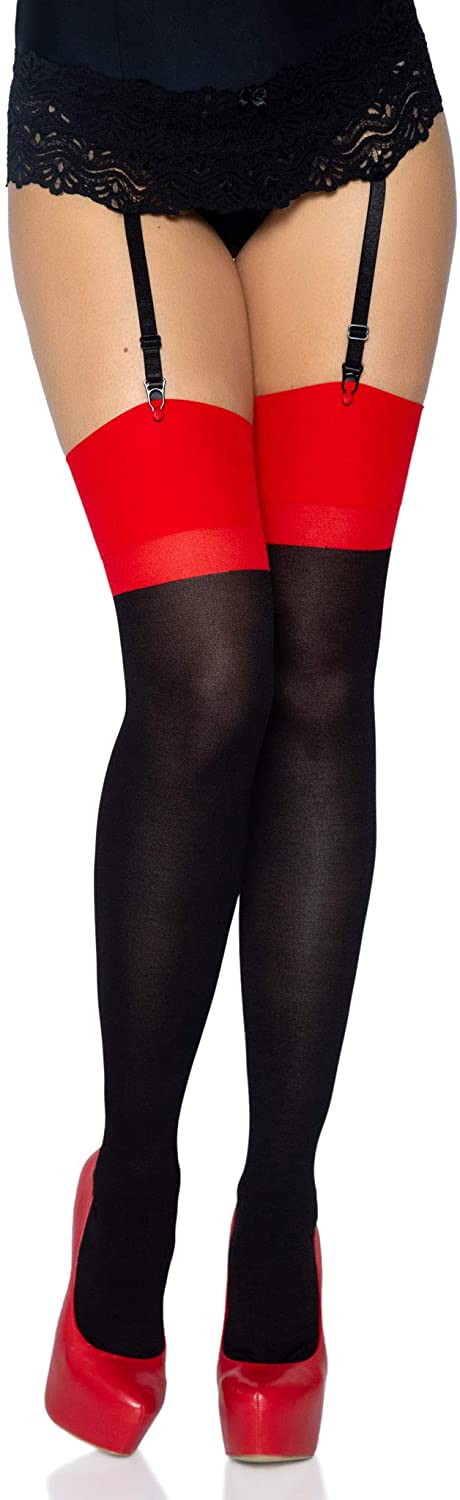 Price:$9.69 Avenue Women's Contrast Top Cuban Heel Backseam Opaque Stockings, Black/Red, One Size: Thigh Highs Hosiery: Clothing, Shoes & Jewelry