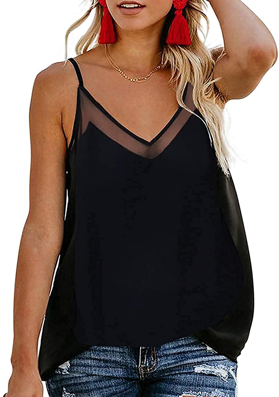 Price:$19.99 Women's Summer Mesh V Neck Sleeveless Tank Tops Casual Loose Spaghetti Straps Cami Shirts Blouse at Amazon Women’s Clothing store