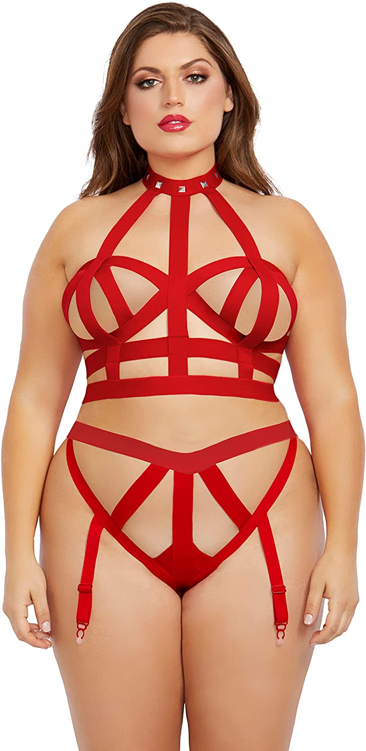 Price:$33.00 Plus Size Strappy Elastic Bralette & Garter Panty Set with Studded Collar & Back Neck Closure: Clothing, Shoes & Jewelry