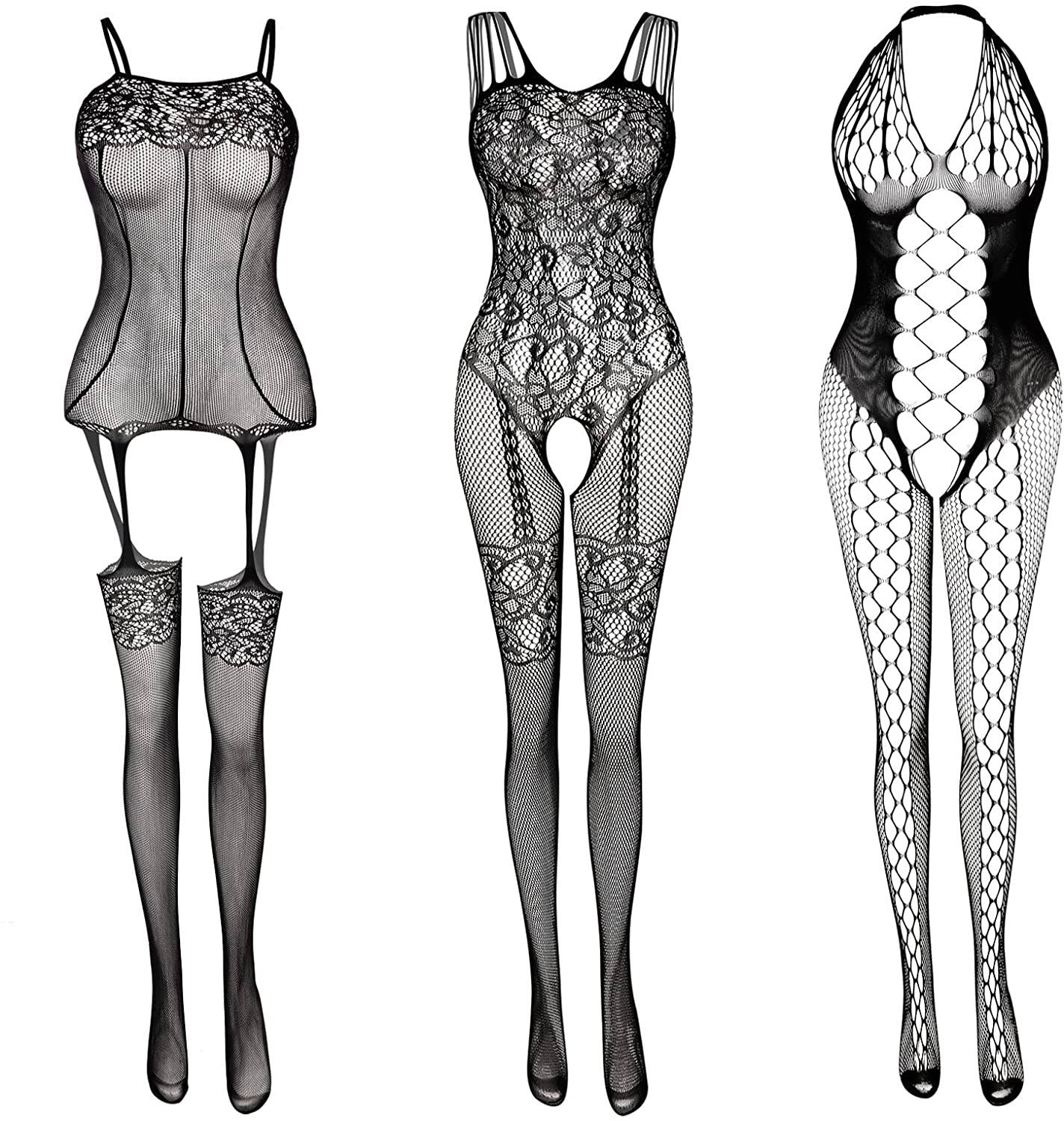 Price:$15.99 Fishnet Lingerie Lace Stockings Bodysuits Nightwear for Romantic Date Wearing (3 Pack): Clothing, Shoes & Jewelry