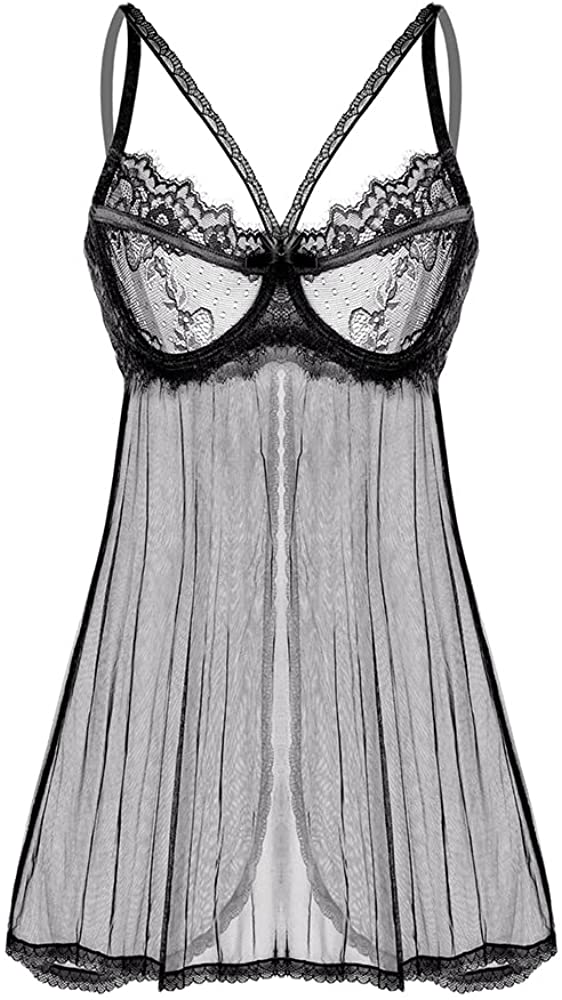 Price:$15.99 Lingerie for Women Push Up Black Babydoll Mesh Chemise Underwire Lace Nightgown V Neck Sleepwear at Amazon Women’s Clothing store