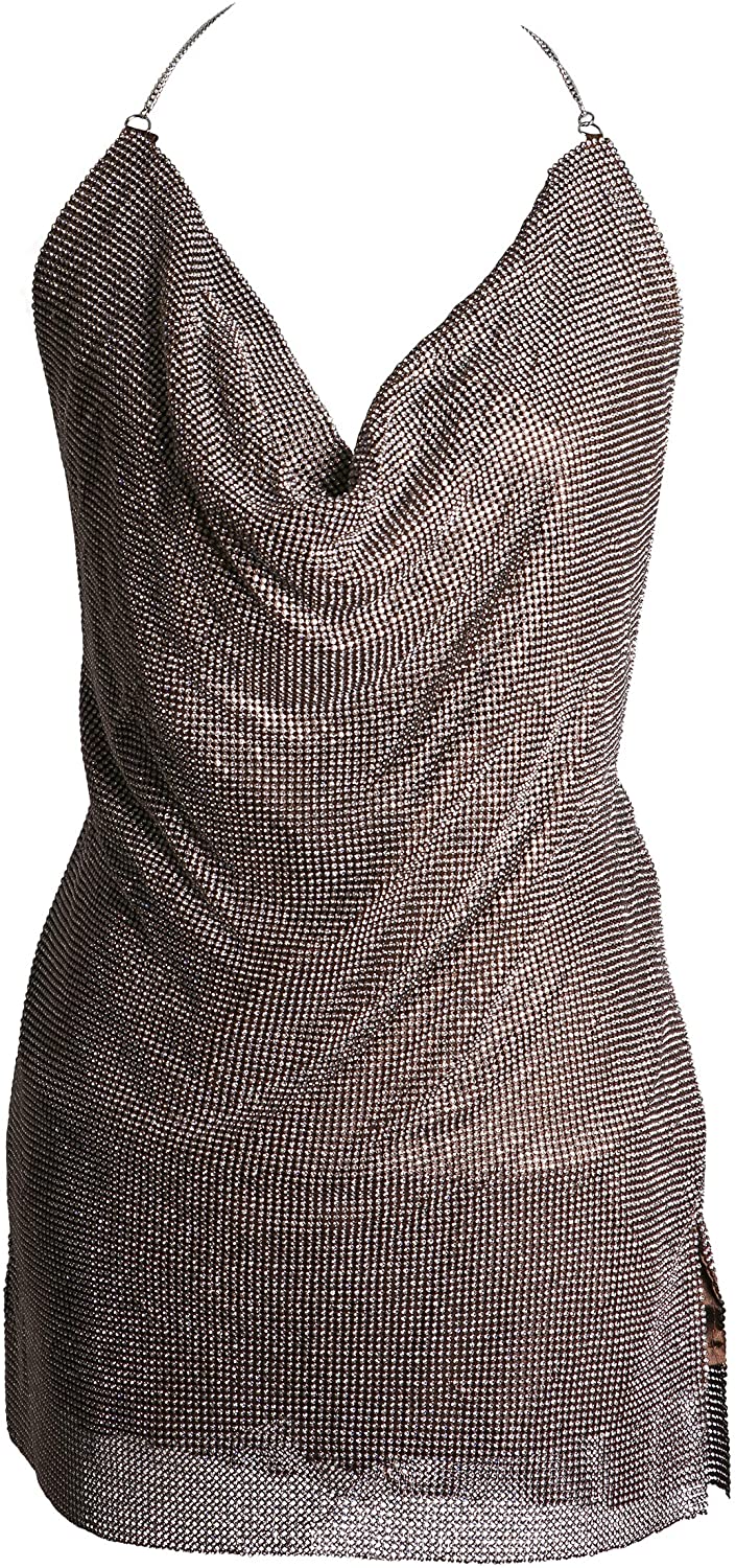 Price:$125.00 Sexy Rhinestone Drape Backless Mesh Bodycon Club Dress Halter (Bronze) : Clothing, Shoes & Jewelry