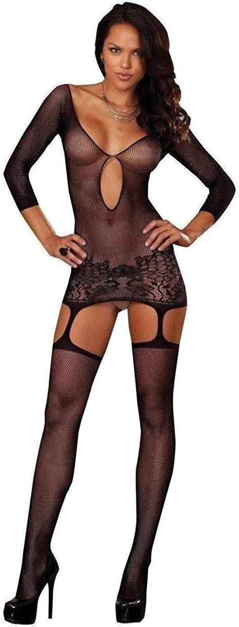 Price:$16.43 Women’s Fishnet Long Sleeve Garter Dress with Attached Garters and Thigh High Stockings, Black, One Size: Adult Exotic Lingerie Bodystockings: Clothing, Shoes & Jewelry