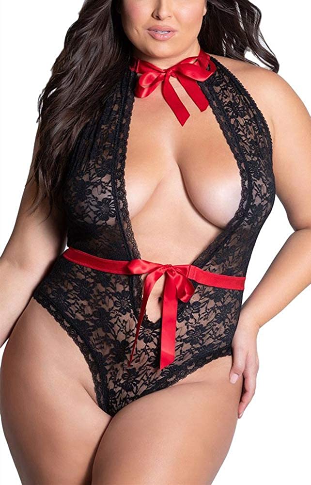 Price:$10.88 Size Lingerie for Women Sexy Halter Plunging Bow Tie Teddy Backless Cross Bandage Lace Bodysuit(665a,Black,4XL): Clothing, Shoes & Jewelry