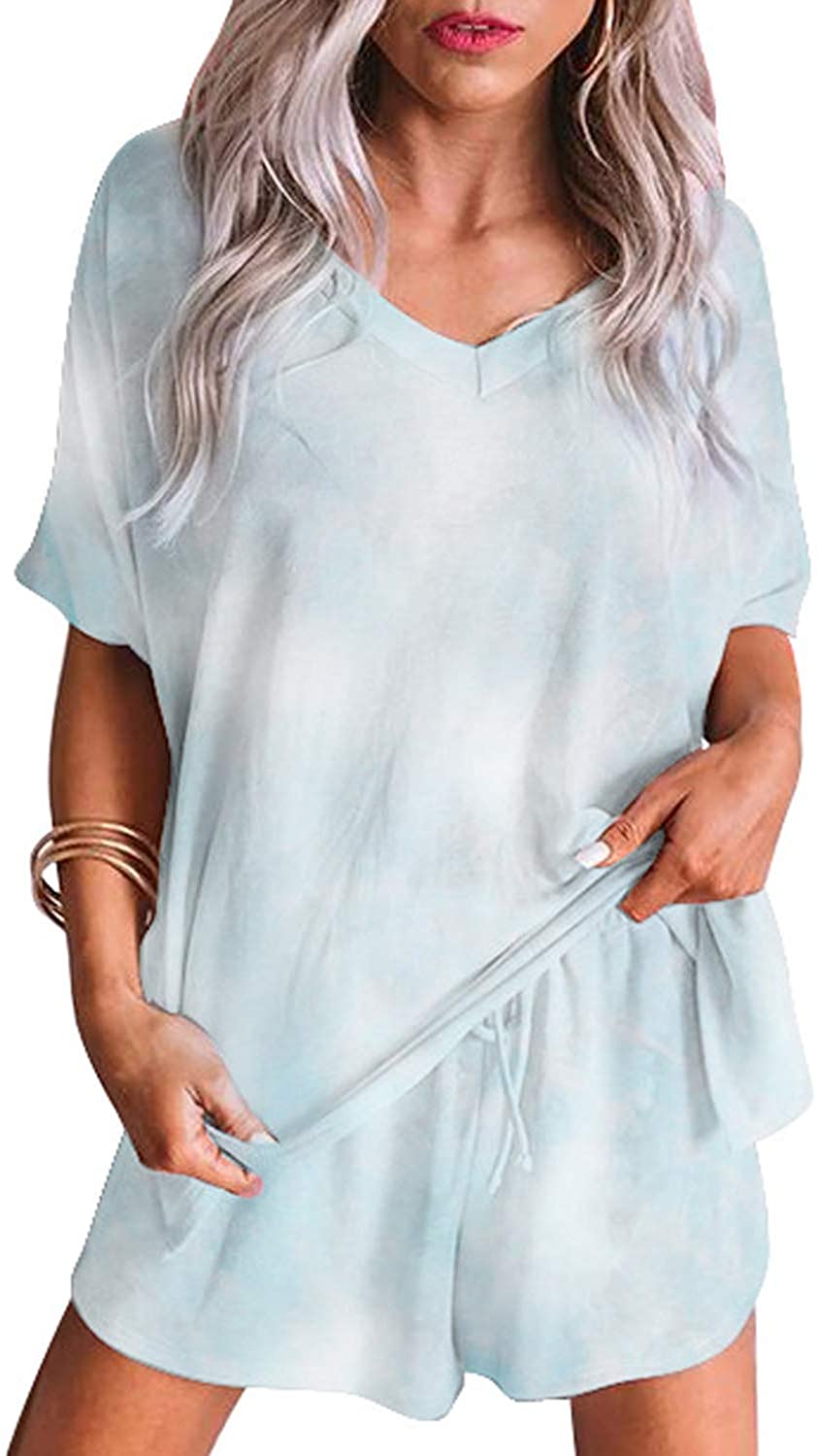 Price:$20.99 Women's Cozy 2 Pieces Short Pajama Sets Tie Dye Loungewear Nightwear Printed Sleepwear at Amazon Women’s Clothing store