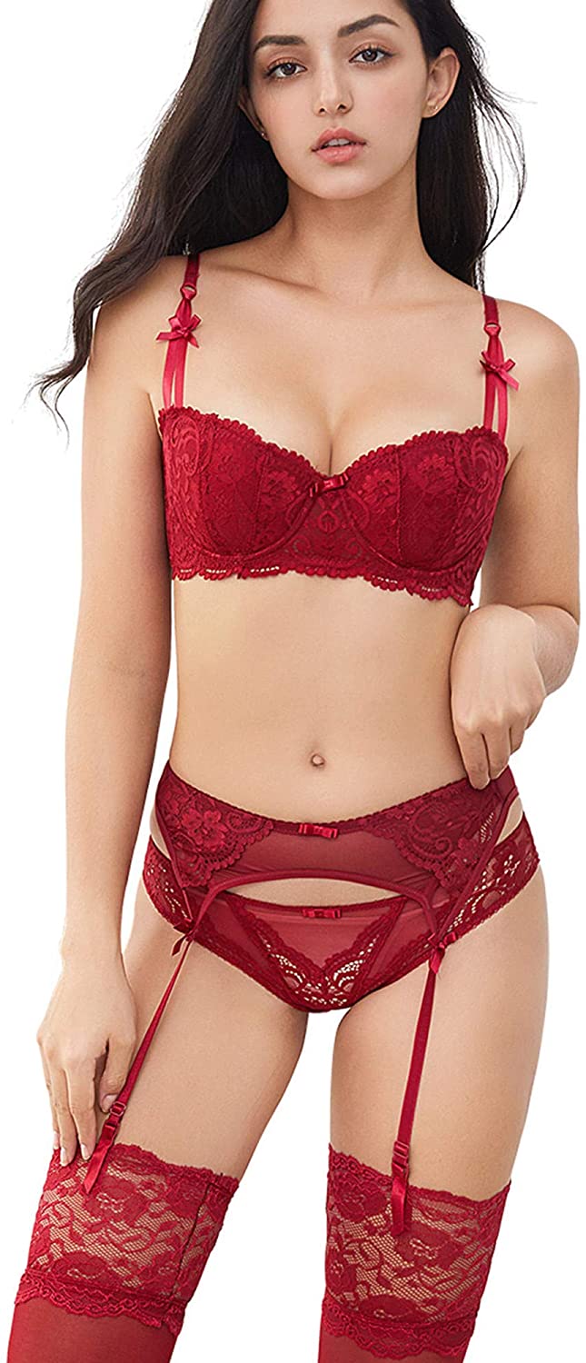 Price:$19.99 Push Up Bras Set Lace Lingerie Bra and Panties and Garter and Stocking 4pcs : Clothing, Shoes & Jewelry