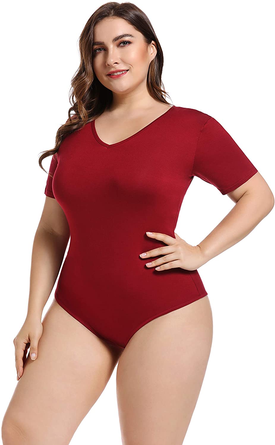 Price:$16.59 Women Bodysuit Plus Size Short Sleeve Tops Basic V-Neck Leotard Bodysuits T Shirt Bodycon at Amazon Women’s Clothing store