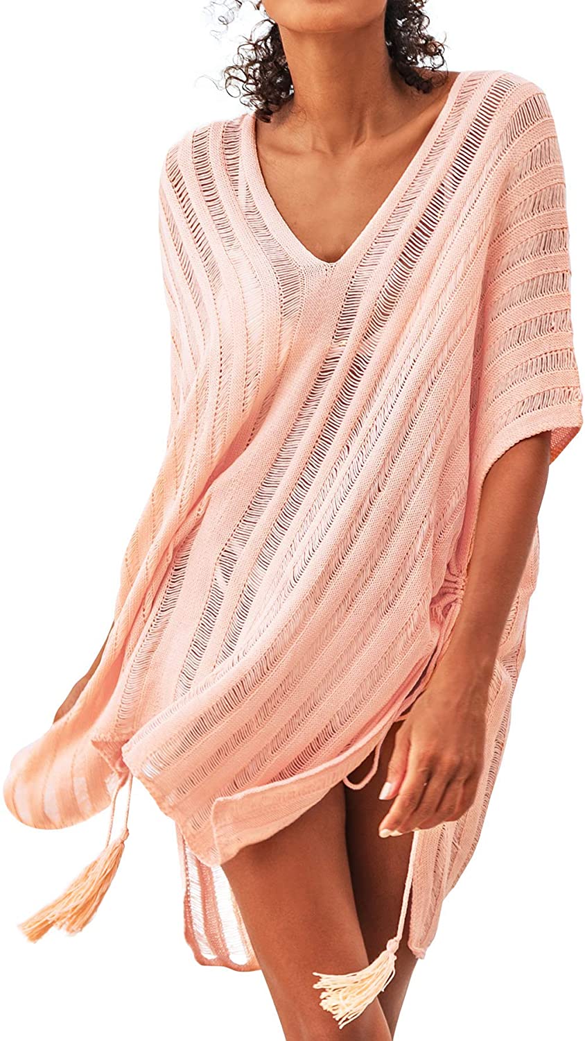 Price:$59.98 Women's Solid Black V Neck Mesh One Piece Swimsuit Pink Crochet V Neck Drawstring Cover Up at Amazon Women’s Clothing store