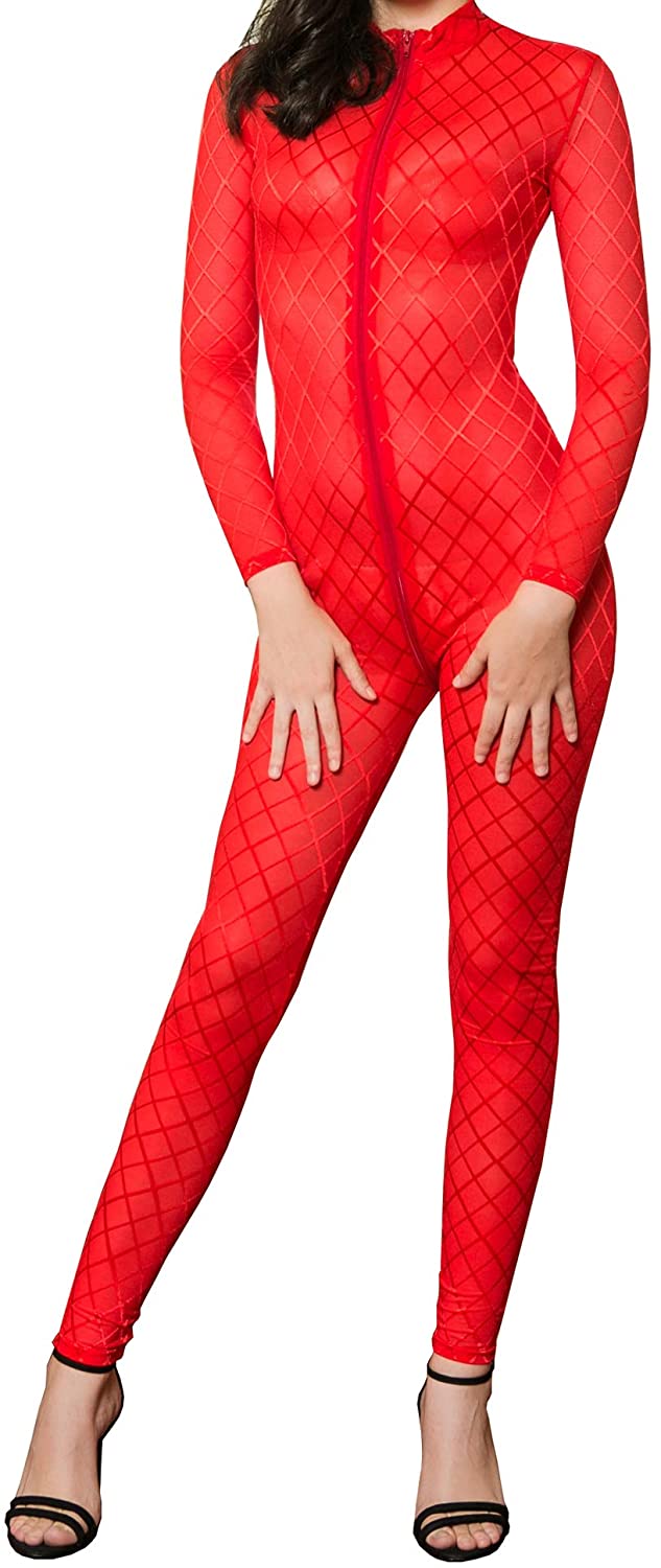 Price:$13.99 Women's Sexy Red Sheer Mesh Long Sleeve Zipper Lingerie Jumpsuit Bodysuit | Amazon.com
