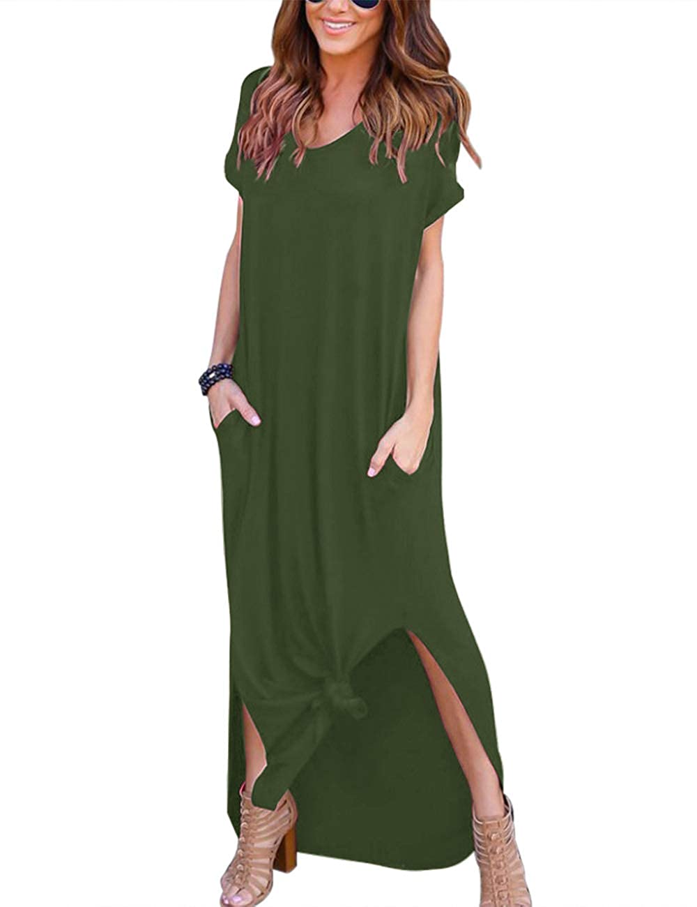Price:$21.99 Summer Maxi Dresses for Women,V Neck Short Sleeve Long Dresses & Plain Loose Casual Beach Dress with Pocket at Amazon Women’s Clothing store