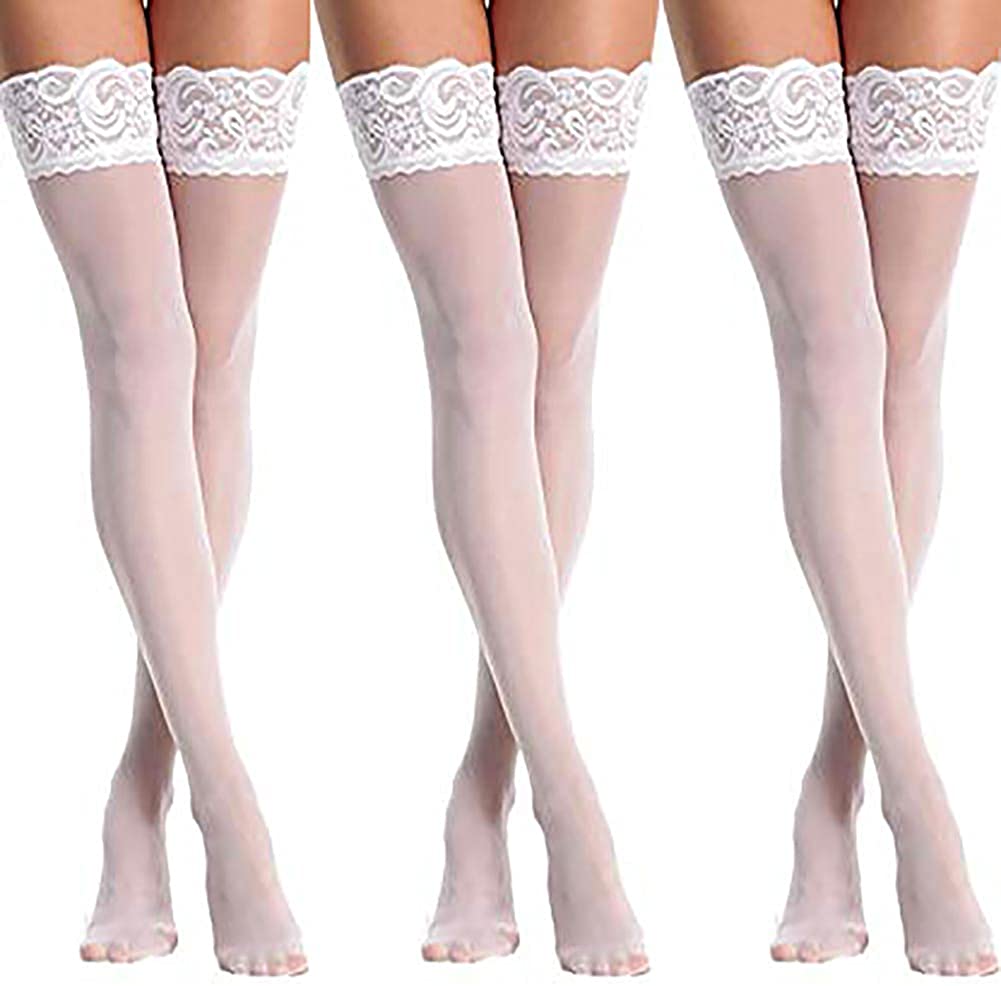 Price:$9.80 Sheer Thigh High Stockings Sexy Lace Socks (3 Pairs) (White): Clothing, Shoes & Jewelry