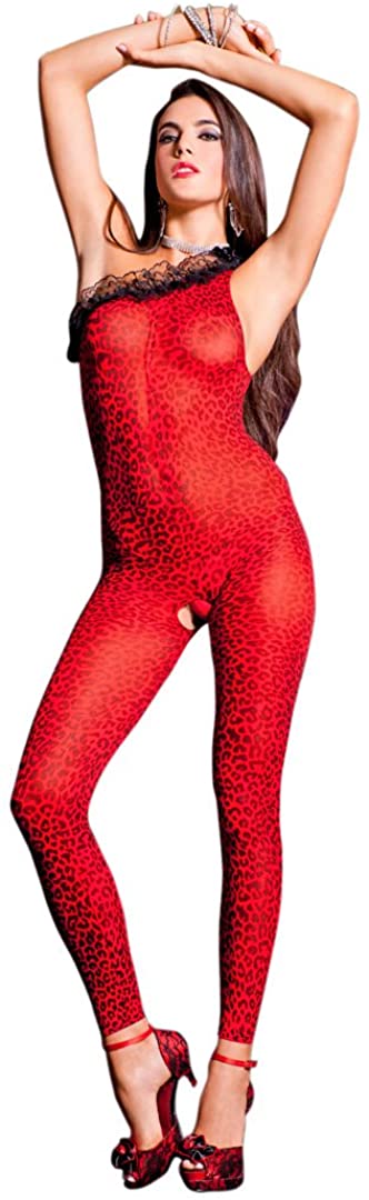 Price:$18.74 LEGS Women's Footless Asymmetrical Lace Trim Animal Print Bodystocking, Red/Black, One Size: Lingerie Sets: Clothing, Shoes & Jewelry