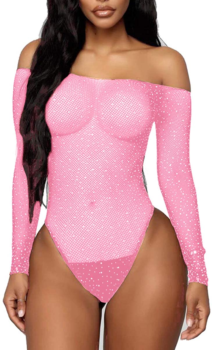 Price:$11.99 Sheer Mesh Bodysuit Sexy Sparkly Glitter Rhinestone Long Sleeve Fishnet Teddy Lingerie Jumpsuit Leotard Top Pink One Size: Clothing, Shoes & Jewelry