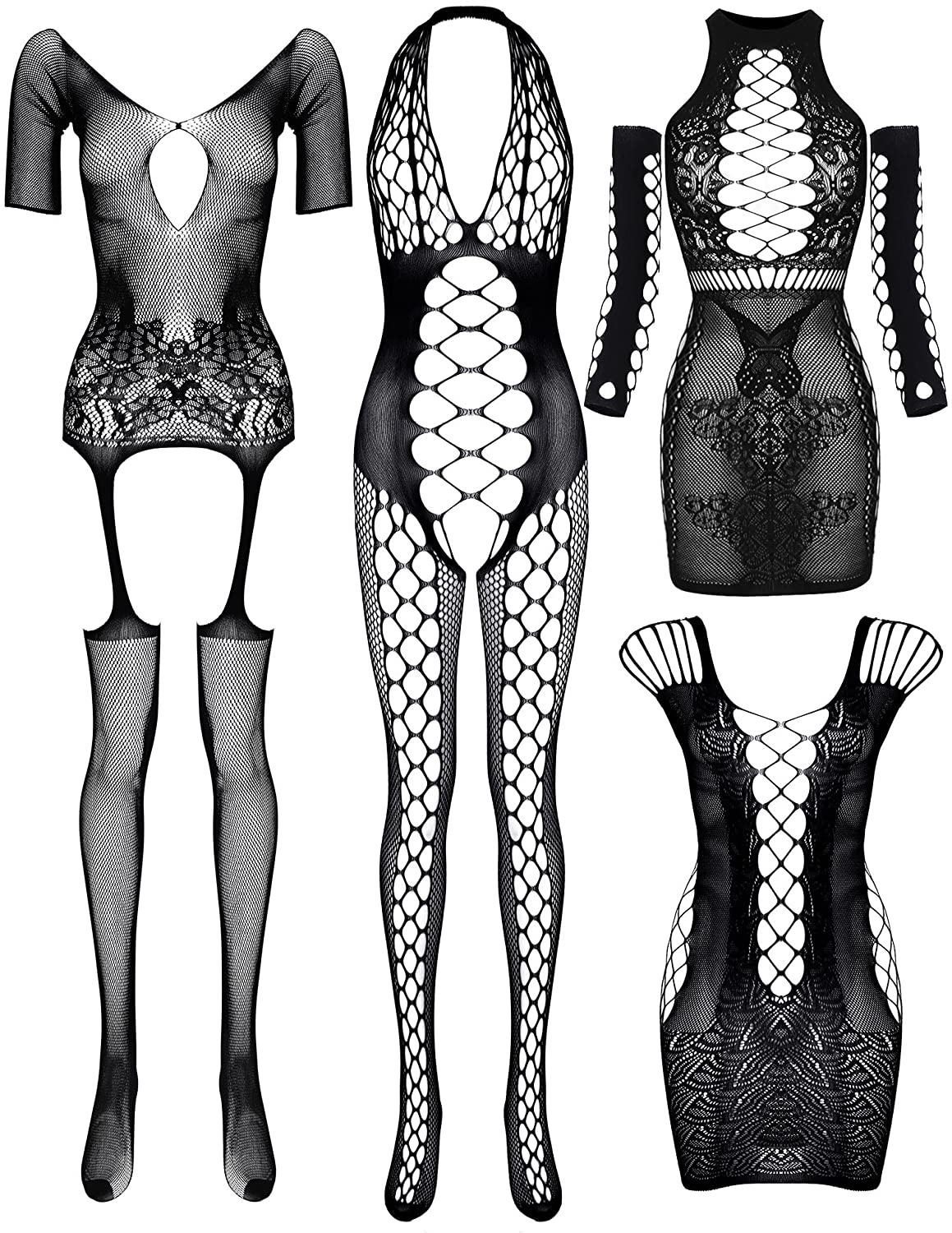 Price:$13.99 4 Pieces Women Mesh Lingerie Stockings Fishnet Dresses Hollow Fishnet Bodysuits (Color Set 4): Clothing, Shoes & Jewelry