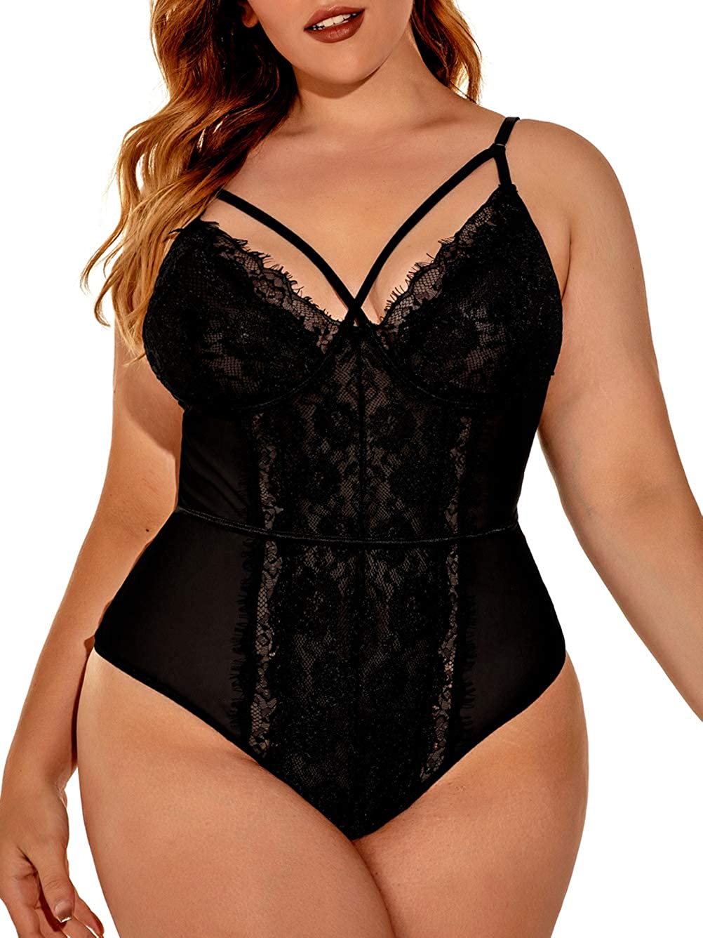 Price:$18.99 Plus Size Lingerie for Women,Sheer Lace Sexy V Neck Bodysuit,Eyelash One Piece Floral Teddy Valentine: Clothing, Shoes & Jewelry