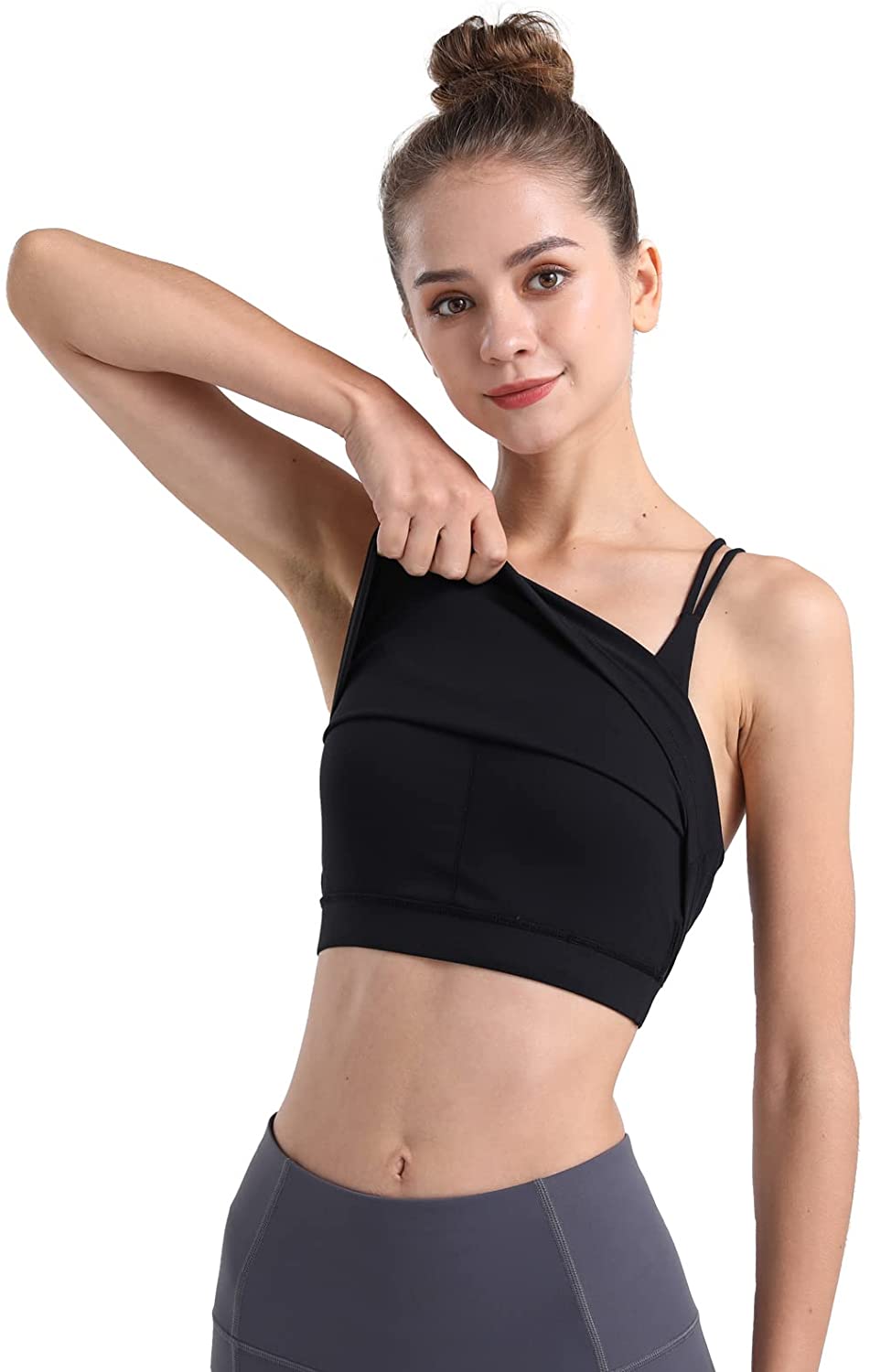 Price:$28.99 Longline Strappy Padded Sports Bra Tank Top, Cute Workout Running Yoga Bras Crop Shirts Black at Amazon Women’s Clothing store