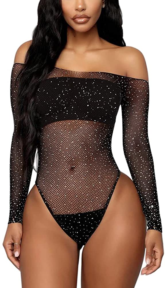 Price:$12.87 Women Sexy Sparkle Rhinestone Mesh Teddy Fishnet Lingerie One Piece Bodysuit (Black): Clothing, Shoes & Jewelry