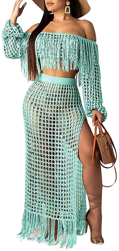 Price:$34.60 Women Off Shoulder Long Sleeve See Through Lace Crop Top Tassel Split Two-Piece Maxi Long Skirts Dress Set at Amazon Women’s Clothing store