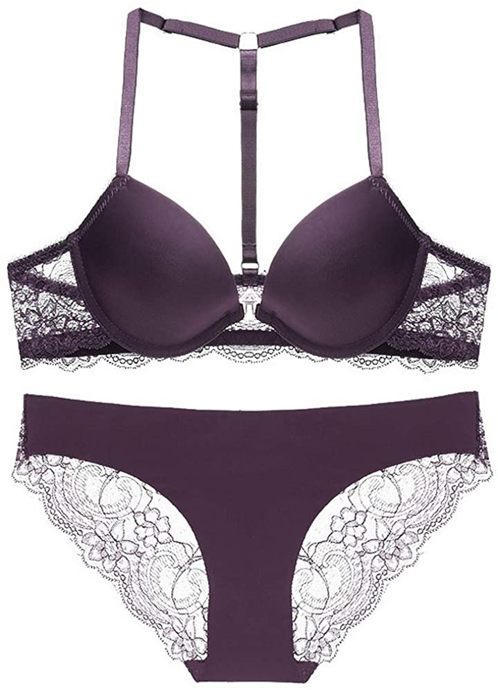 Price:$12.87 Women's Lace Bra and Panty Set Front Closure T Back Straps Push Up Bra Set at Amazon Women’s Clothing store