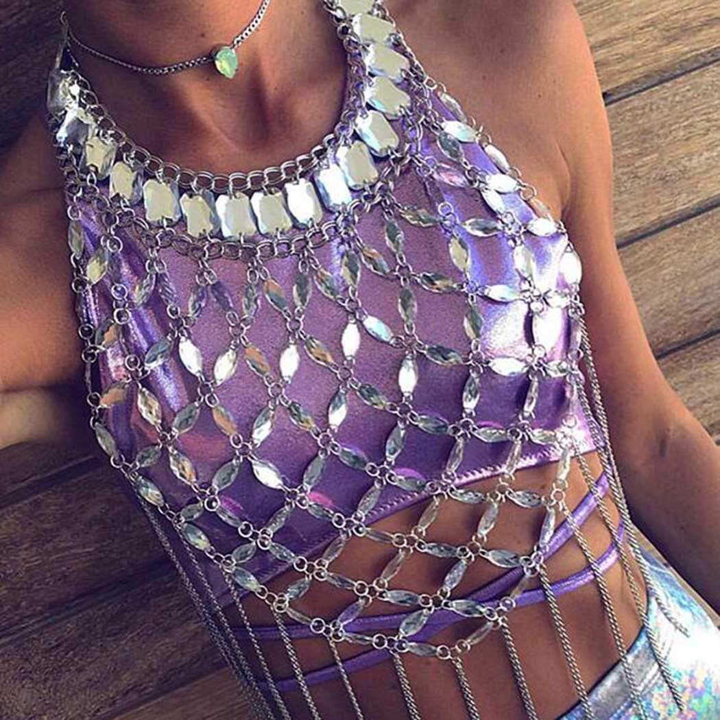 Price:$22.66 Silver Body Chain Beach Sequins Breast Chains Nightclub Chest Chain Fashion Body Jewelry Accessory Rave Harness Chains for Women and Girls : Clothing, Shoes & Jewelry