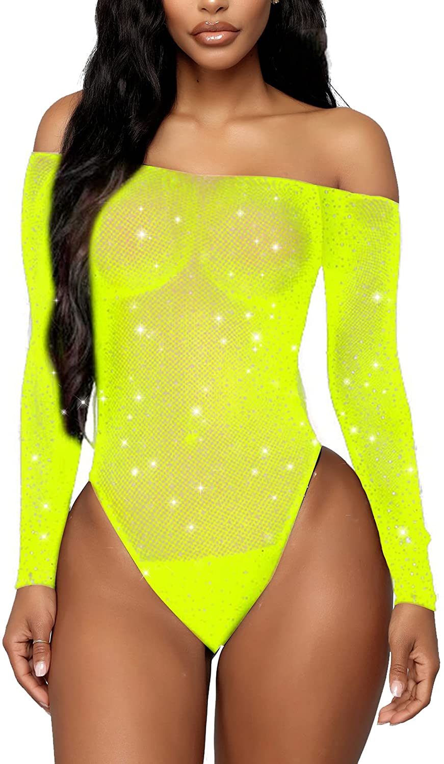 Price:$10.99 Women Lingerie Fishnet Bodysuit Sparkle Rhinestone Sexy Mesh Teddy Lingerie (Onesize, Yellow): Clothing, Shoes & Jewelry