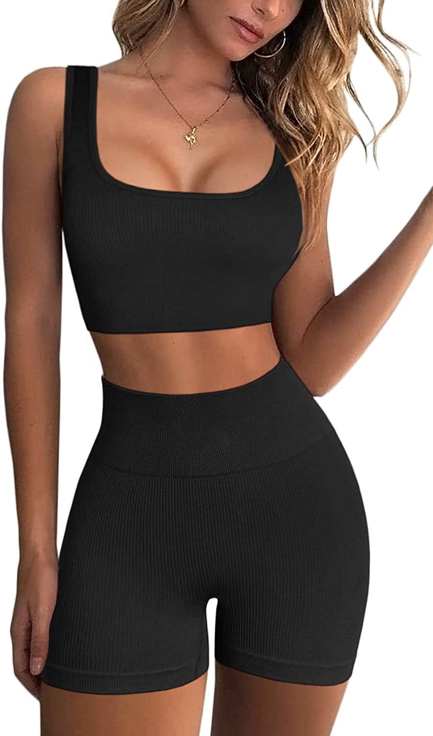 Price:$26.99 Workout Sets for Women 2 Piece Seamless Ribbed Crop Tank High Waist Shorts Yoga Outfits at Amazon Women’s Clothing store