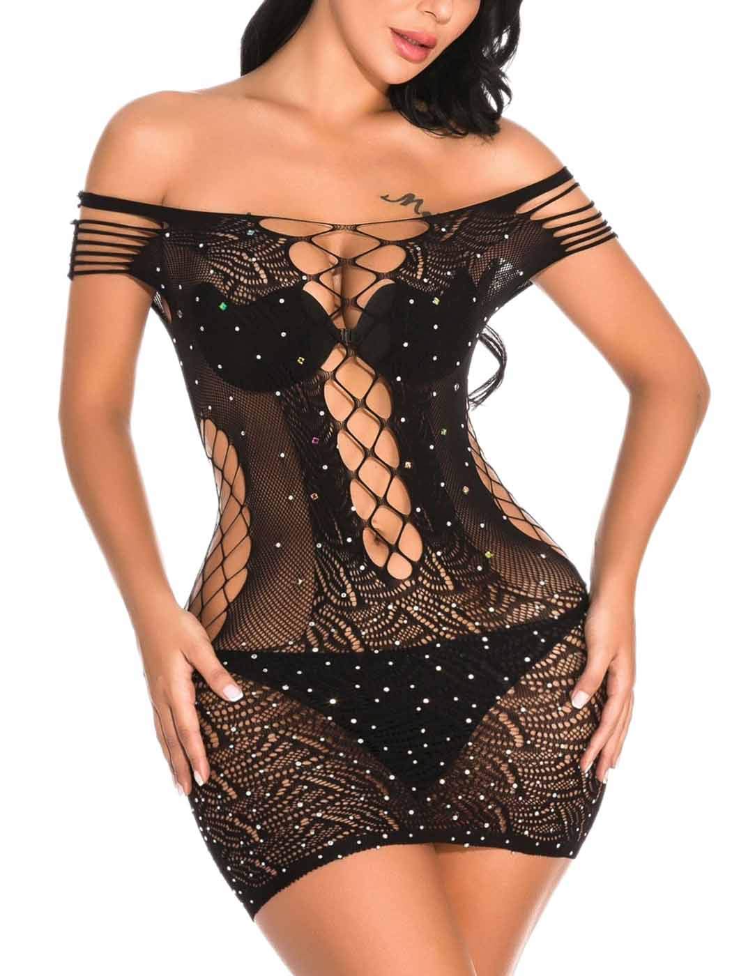 Price:$9.99 Women's Fishnet Lingerie Sparkly Rhinestone Bodysuit Sexy Teddy Lingerie Mesh Chemise Bodydoll Outfit : Clothing, Shoes & Jewelry