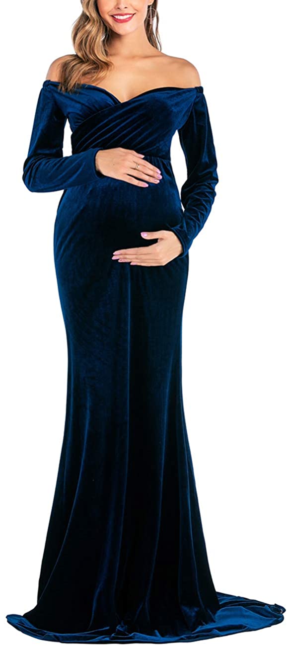 Price:$39.99 Velvet Maternity Off Shoulder Half Circle Fitted Gown Maxi Photography Dress for Baby Shower Photo Props Dress at Amazon Women’s Clothing store