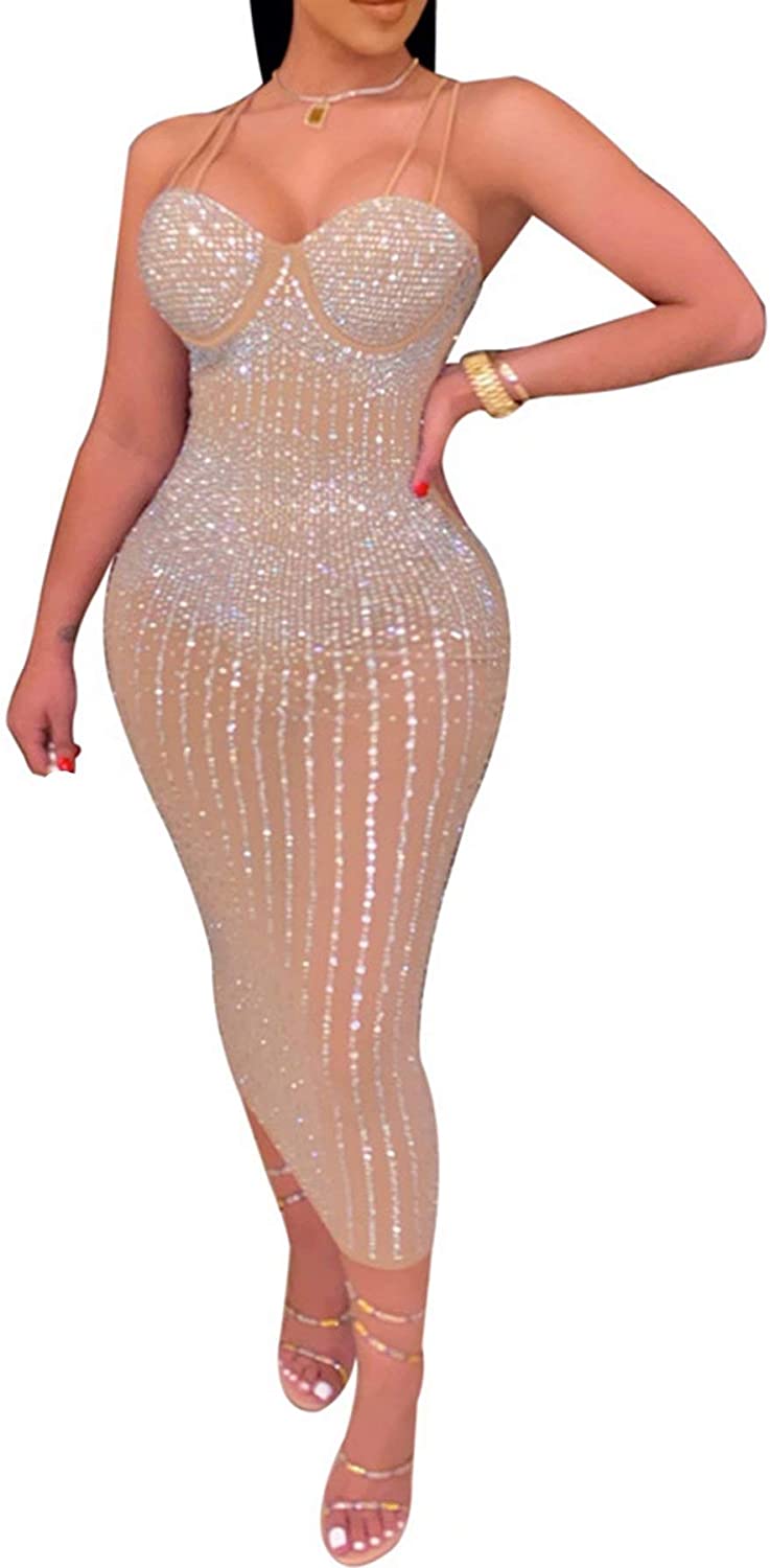 Price:$25.99 Sequin Bodycon Dress with Sheer Mesh Lace Rhinestones Beads for Women : Clothing, Shoes & Jewelry