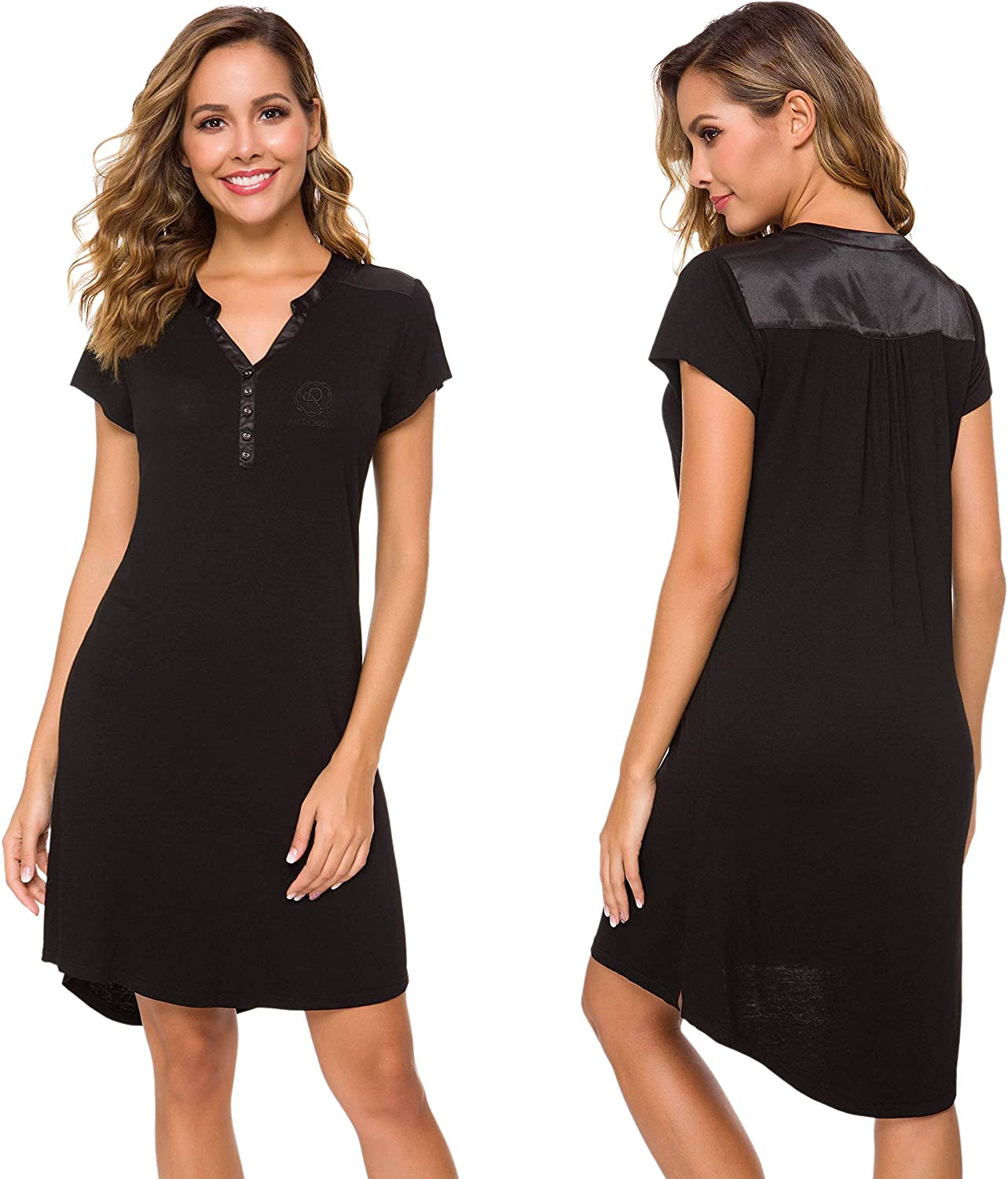 Price:$18.98 Rosea Womens Bamboo NightShirts Short Sleeve Sleep Shirts Satin Trim Henley Neck Sleepwear Dress at Amazon Women’s Clothing store