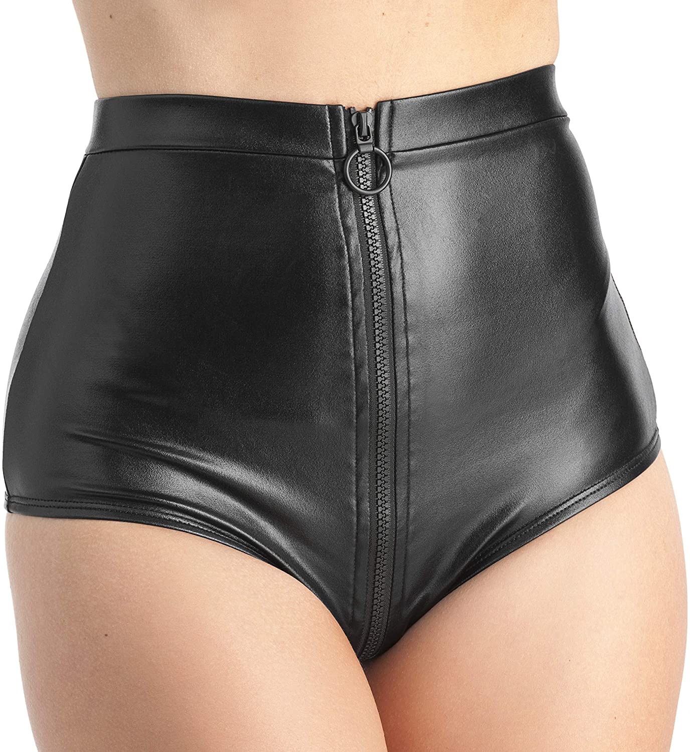 Price:$24.99 Lingerie Women's Fierce Collection Black Wet Look High Waisted Panties - Stretchy Fabric with Full Length Zipper at Amazon Women’s Clothing store