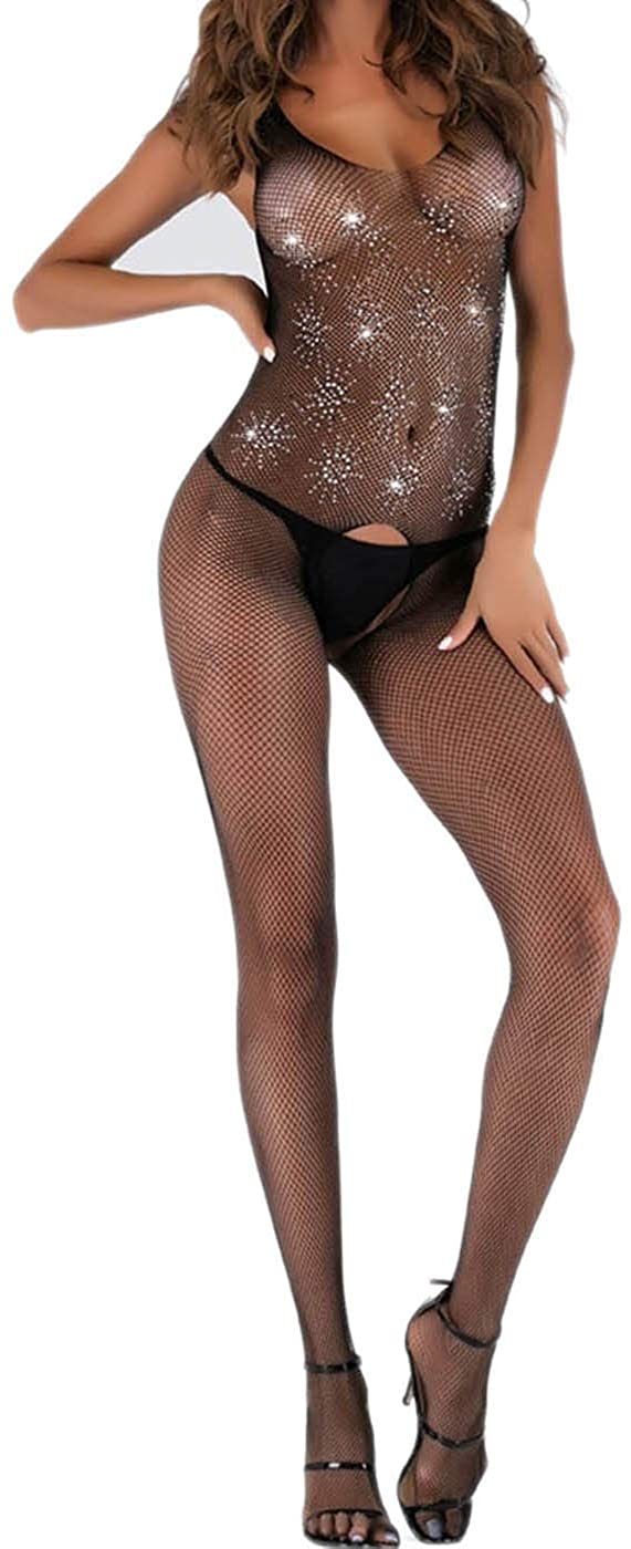 Price:$12.50 Women's Fishnet Lingerie Sparkly Rhinestone Lingerie Sexy Teddy Bodysuit Mesh Chemise Bodystocking (black-T1002): Clothing, Shoes & Jewelry