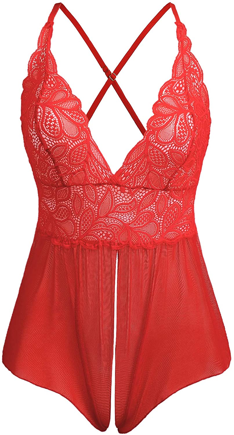 Price:$16.99 Sexy Lace Teddy Bodysuit One Piece Lingerie Outfits Sheer Nighties (Red,Small) at Amazon Women’s Clothing store