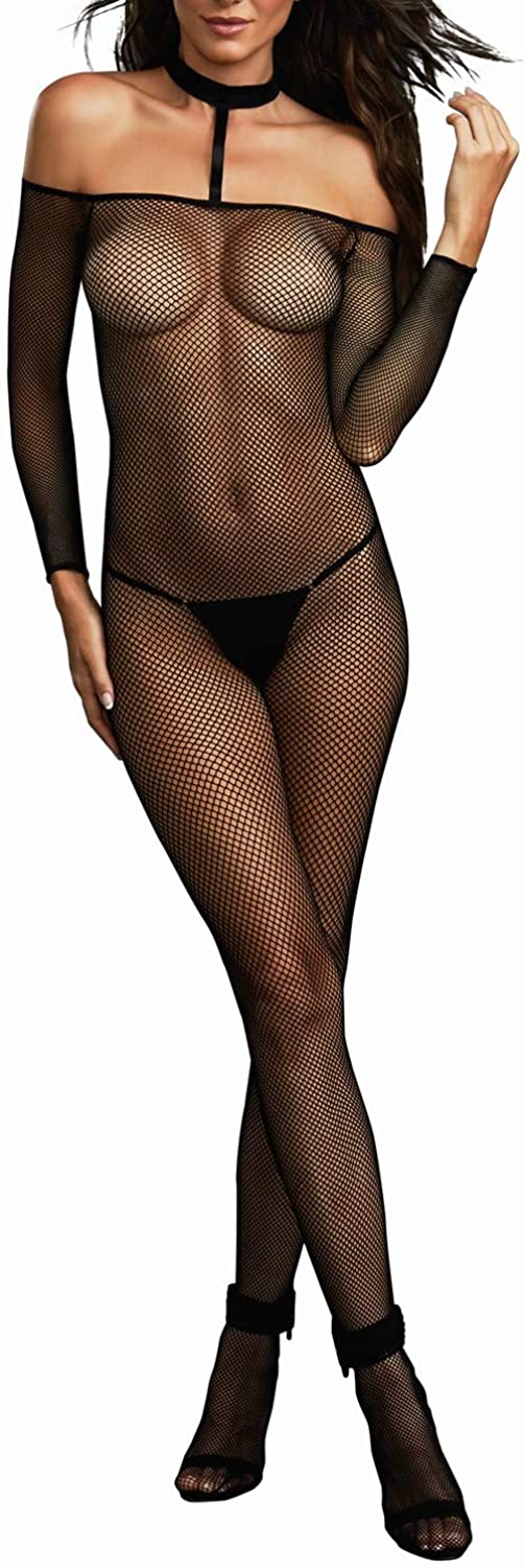 Price:$13.00 Women's Fishnet Off The Shoulder Bodystocking with Attached Collar, Black, One Size: Clothing, Shoes & Jewelry
