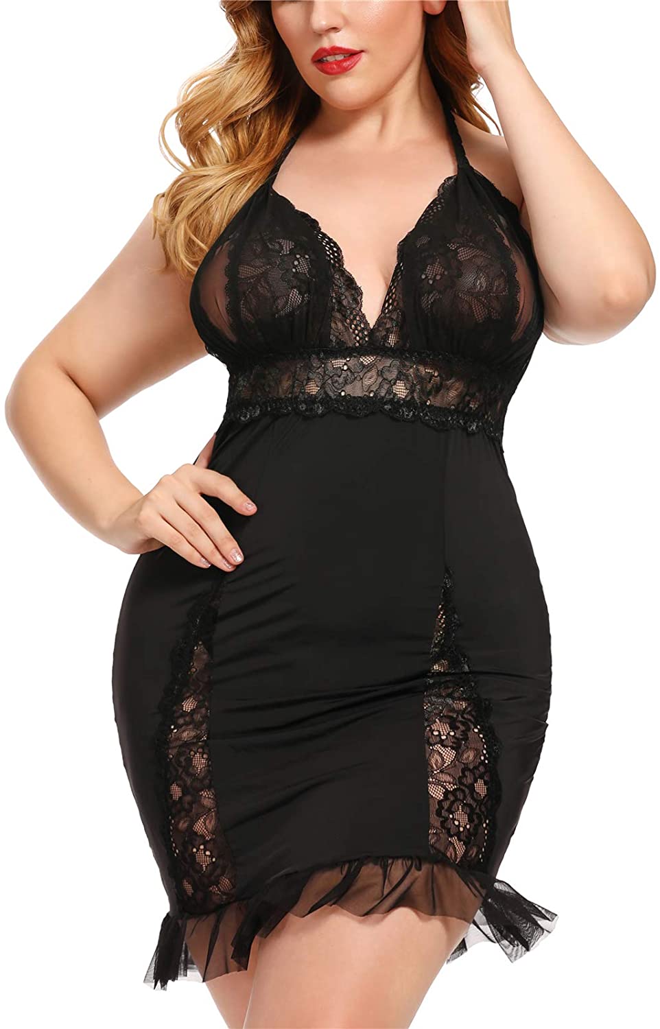 Price:$17.88 Sexy Plus Size Lingerie Halter Cross straps Babydoll Lace Trim Chemise Sleepwear at Amazon Women’s Clothing store