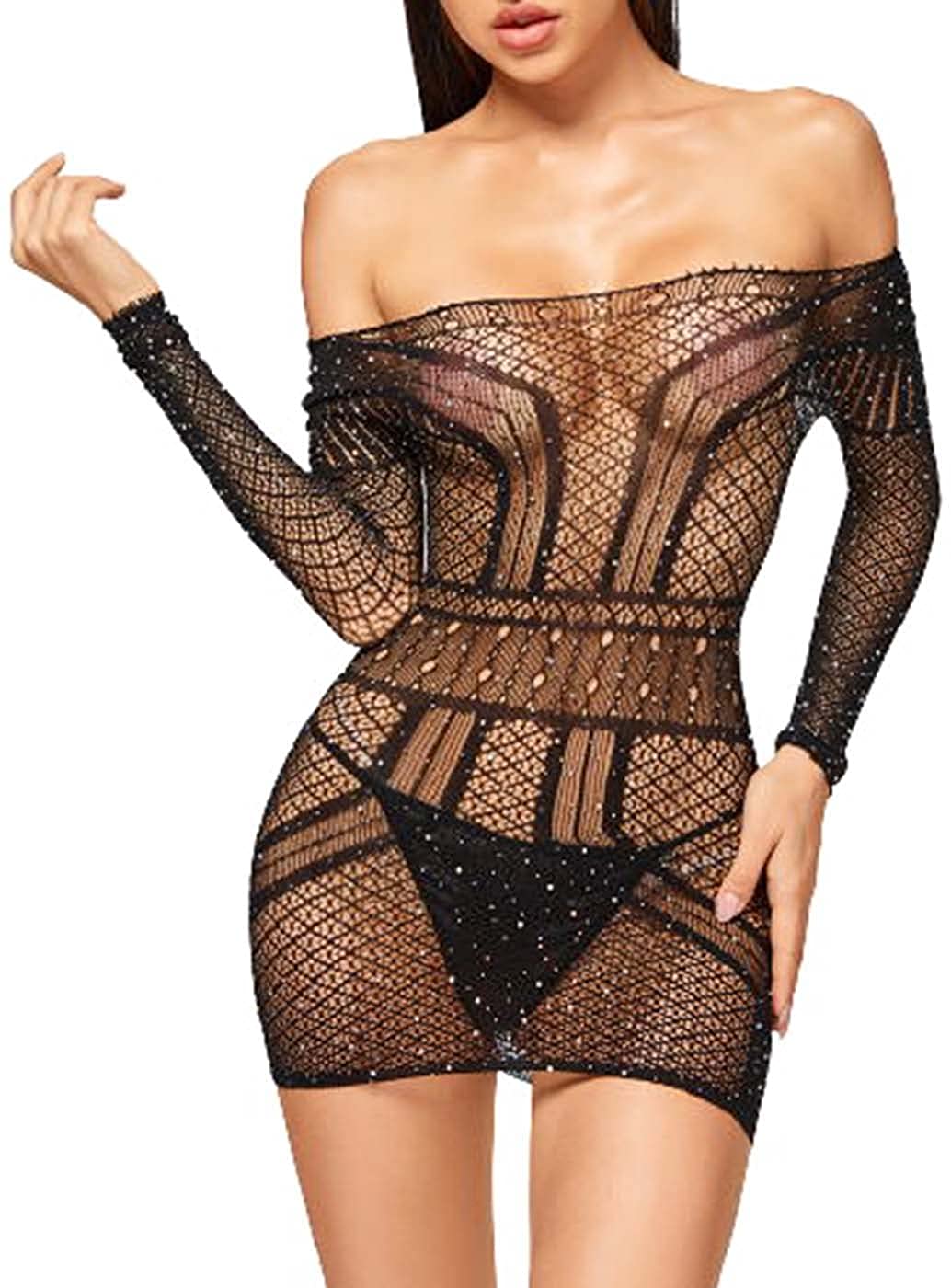 Price:$12.66 Women's Fishnet Lingerie Sparkly Rhinestone Bodysuit Sexy Long Sleeve Crystal Teddy Lingerie Mesh Chemise Babydoll Outfit Black: Clothing, Shoes & Jewelry