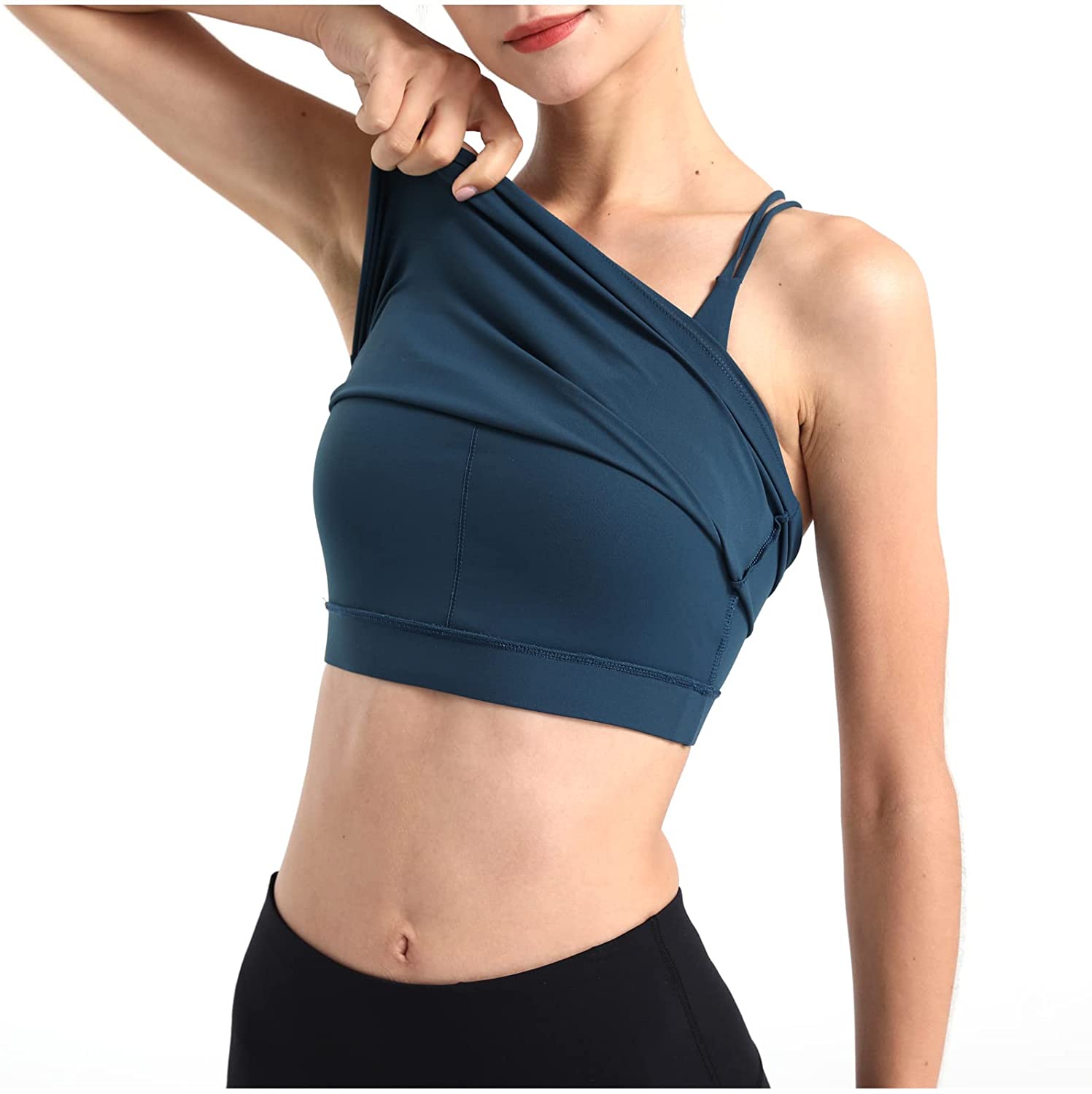 Price:$28.99 Longline Strappy Padded Sports Bra Tank Top, Cute Workout Running Yoga Bras Crop Shirts Green at Amazon Women’s Clothing store