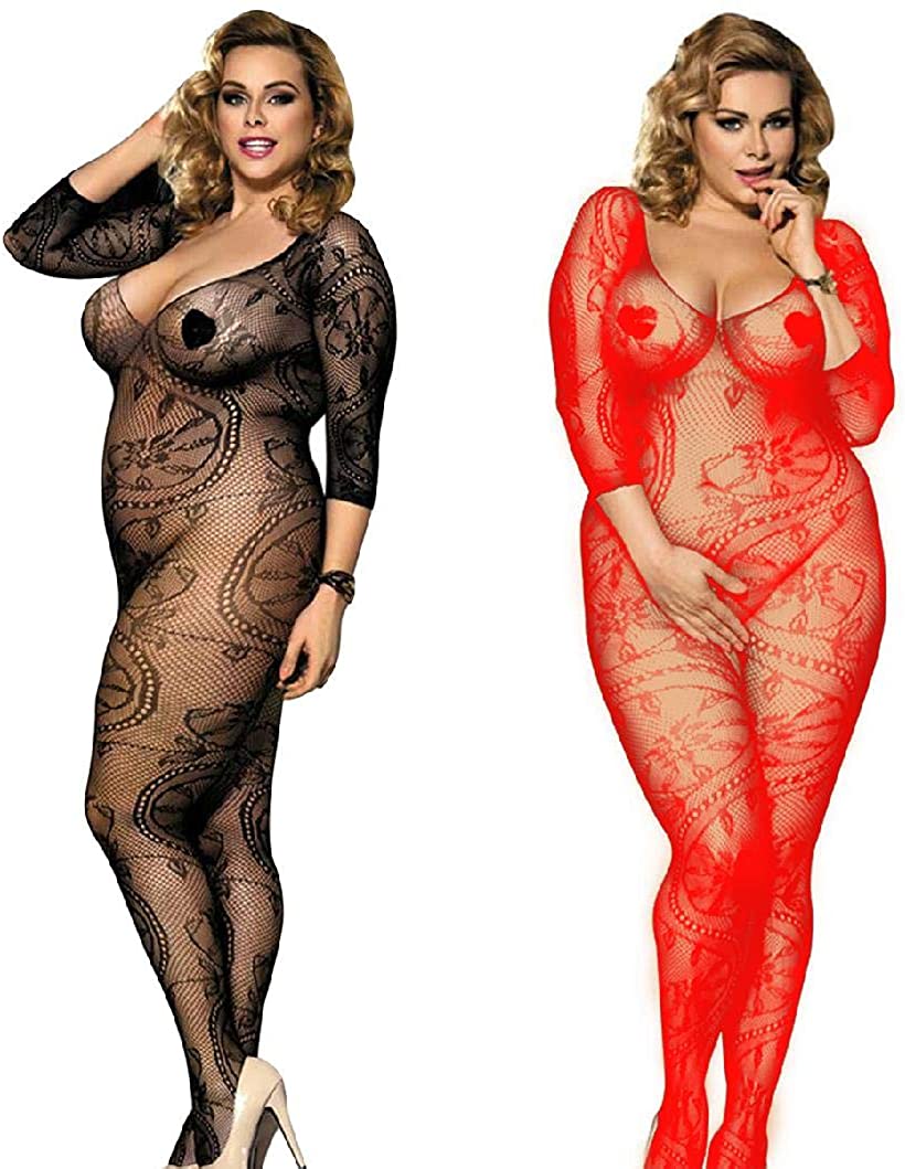 Price:$15.99 Womens Fishnet Long Sleeve Bodystockings 2-Pack Striped Lingerie Bodysuits Tights Plus Size (Black+Red): Clothing, Shoes & Jewelry