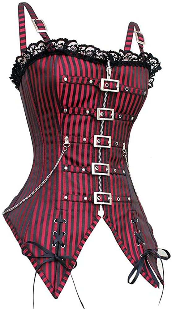 Price:$29.99 MOLY Steampunk Overbust Boned Corset Straps Striped Zipper Front Top for Christmas: Clothing, Shoes & Jewelry