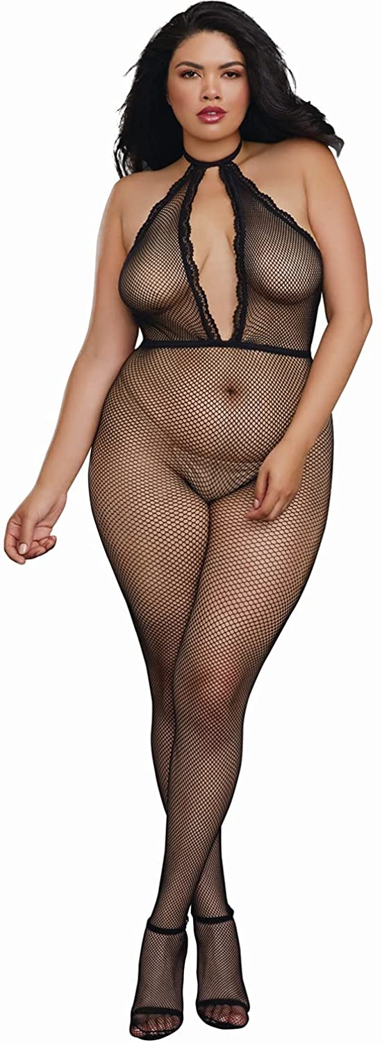 Price:$21.00 Women's Plus Size Fishnet Bodystocking with Plunging Halter Neckline, Black, One Queen : Clothing, Shoes & Jewelry