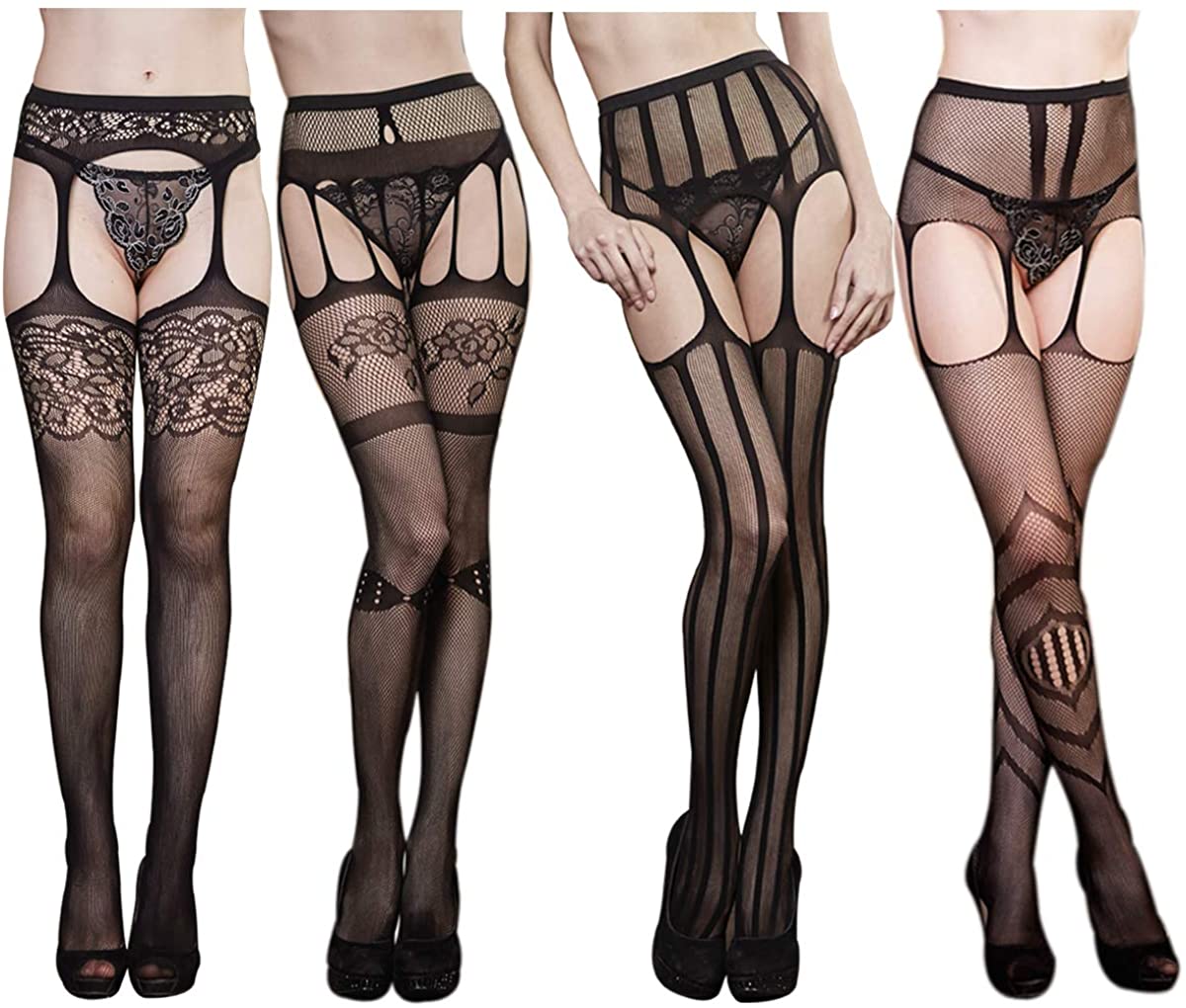 Price:$14.99 Fishnet Tights Suspender Pantyhose Thigh-High Stockings (4 Pack) at Amazon Women’s Clothing store