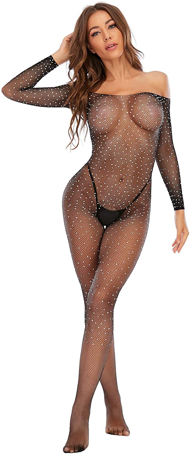Price:$12.99 Women's Fishnet Lingerie Sparkly Rhinestone Lingerie Sexy Teddy Bodysuit Long Sleeve Mesh Chemise Bodystocking Black: Clothing, Shoes & Jewelry