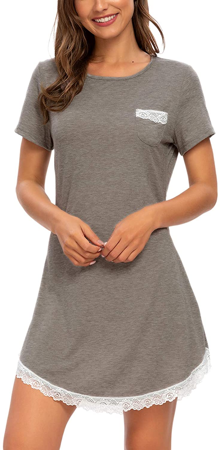 Price:$18.99 Women's Nightgown Night Shirt Short Sleeve Lace Trim Sexy Sleepshirt Sleep Dress Sleepwear Nightshirt at Amazon Women’s Clothing store