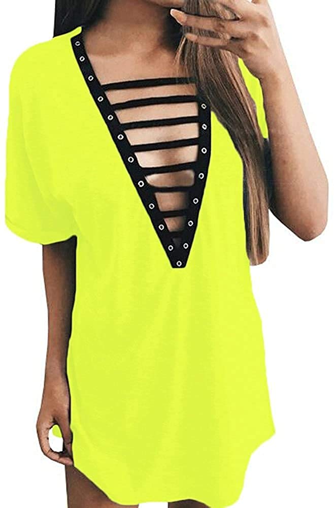 Price:$11.99 Womens Lace Up T Shirt Dress Sexy V Neck Short Sleeve Mini Club Dresses Top at Amazon Women’s Clothing store